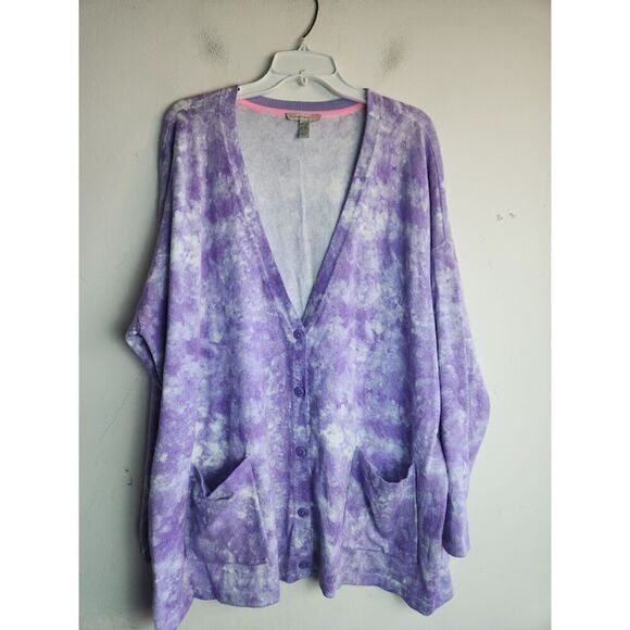 Isaac Mizrahi Purple/White Tie Dye Marbled Cotton Blend Knit Cardigan size 2X - Picture 2 of 8